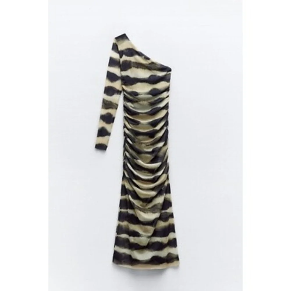 Zara Dress Women Small Black Tan One Shoulder Ruched Mesh Tie Dye Midi Bodycon - Picture 2 of 10